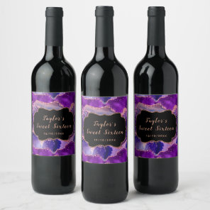 Dark Purple and Pink Sequins Agate Sweet Sixteen Wine Label
