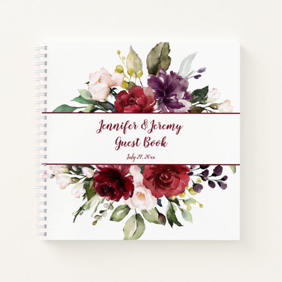Dark Purple and Red Watercolor Floral Guest Book