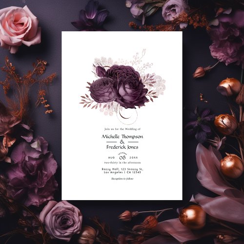 Dark Purple and Rose Gold Floral Wedding QR Code Invitation