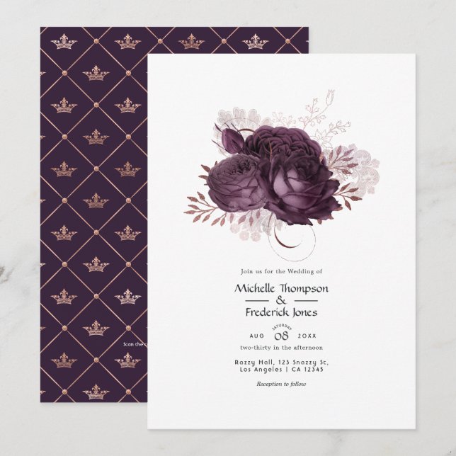 Dark Purple and Rose Gold Floral Wedding QR Code Invitation (Front/Back)