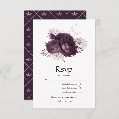 Dark Purple and Rose Gold Floral Wedding RSVP Card