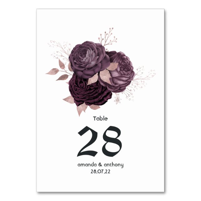Dark Purple and Rose Gold Floral Wedding Table Number (Front)