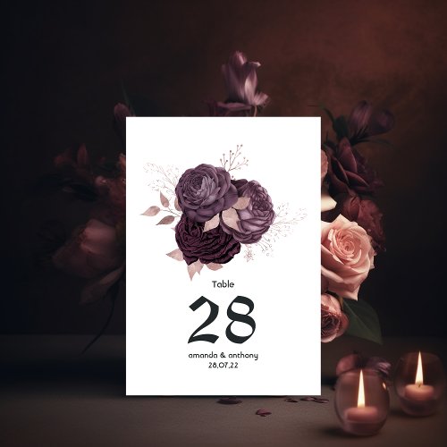 Dark Purple and Rose Gold Floral Wedding Table Number