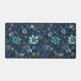 Dark Purple and Teal Floral Patterned Desk Mat