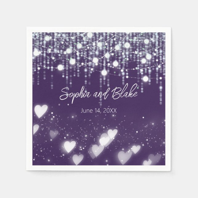 Dark Purple and White Hanging Lights Wedding Napkins (Front)