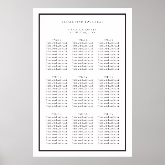Dark Purple and White Simple Wedding Seating Chart (Front)
