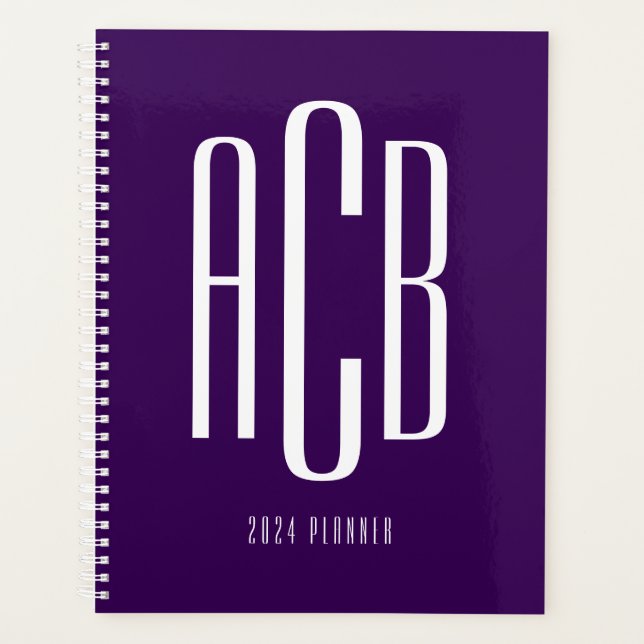 Dark Purple and White Three Letter Monogram Planner (Front)