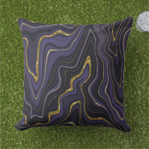 Dark Purple Black and Gold Marble Look Pattern Outdoor Pillow