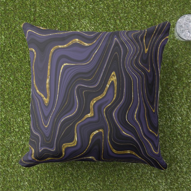 Dark Purple Black and Gold Marble Look Pattern  Outdoor Pillow (Grass)
