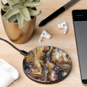 Dark Purple Black Gray White Gold Marble Pattern Wireless Charger