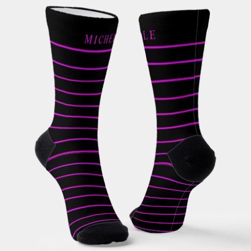Dark Purple Black Pink Lines Striped Custom Name  Socks
