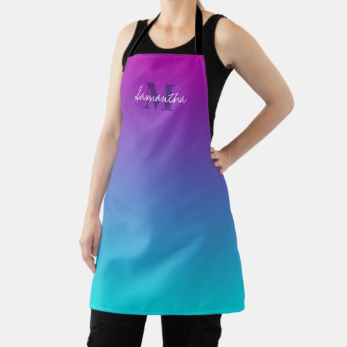 Dark Purple Blue Teal Ombre Name Monogram Apron