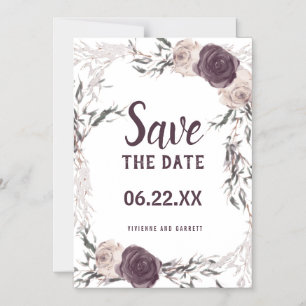 Dark Purple Blush Pink Floral Save the Date Magnetic Invitation