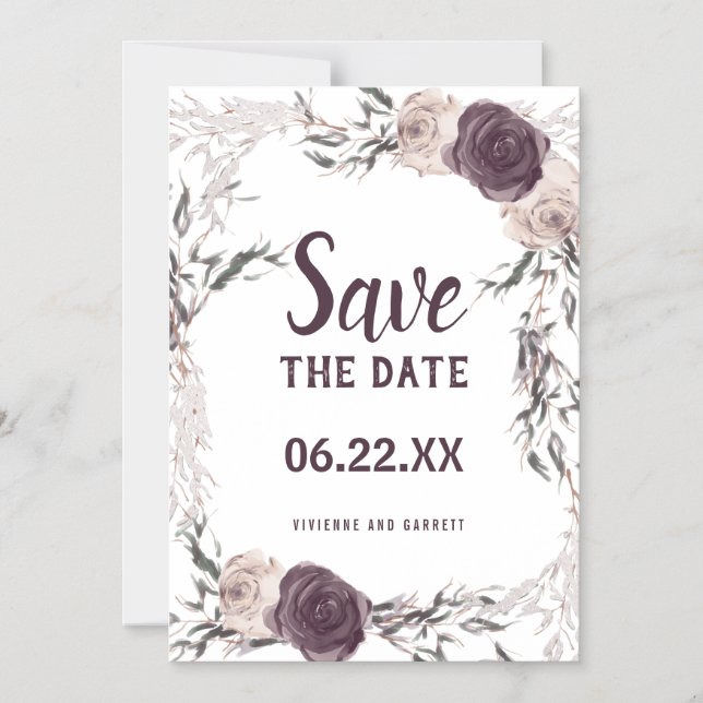 Dark Purple Blush Pink Floral Save the Date Magnetic Invitation (Front)