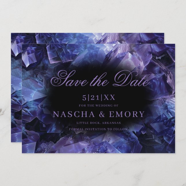 Dark Purple Boho Witch Crystals Black Wedding Save The Date (Front/Back)