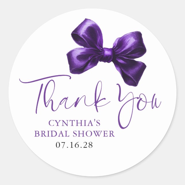 Dark Purple Bow Favors Bridal Shower Thank You  Classic Round Sticker (Front)