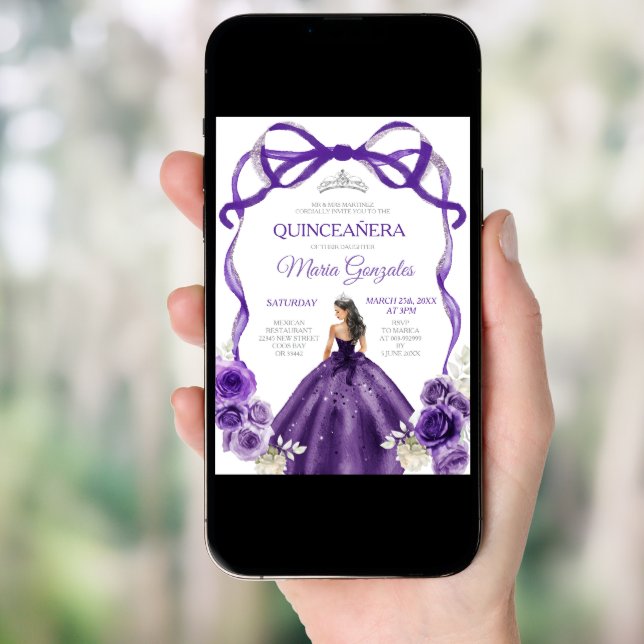 Dark Purple Bow Princess Silver Crown Quinceañera Invitation (Front Digital)