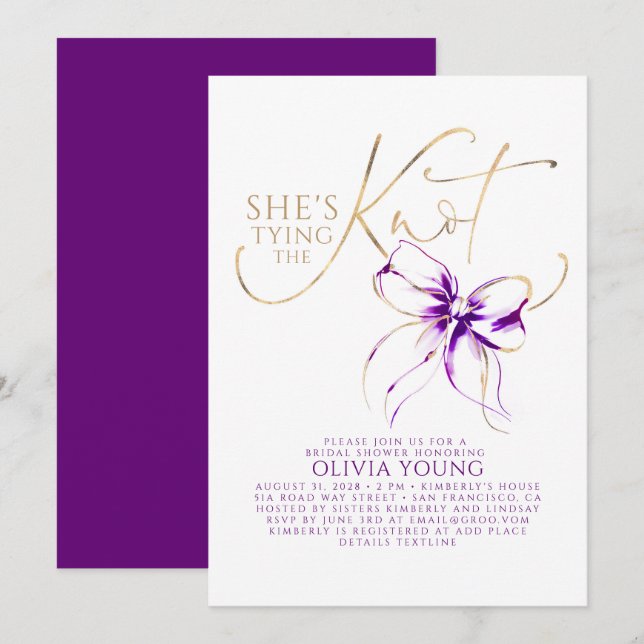 Dark Purple Bow She's Tying The Knot Bridal Shower Invitation (Front/Back)