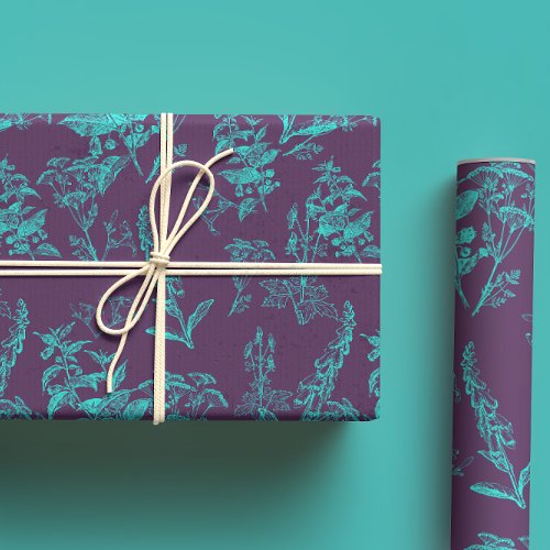 Dark Purple  Bright Blue Poison Flower Line Art  Wrapping Paper Sheets