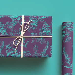 Dark Purple & Bright Blue Poison Flower Line Art Wrapping Paper Sheets