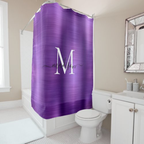 Dark Purple Brushed Metal Monogram Girly Script Shower Curtain