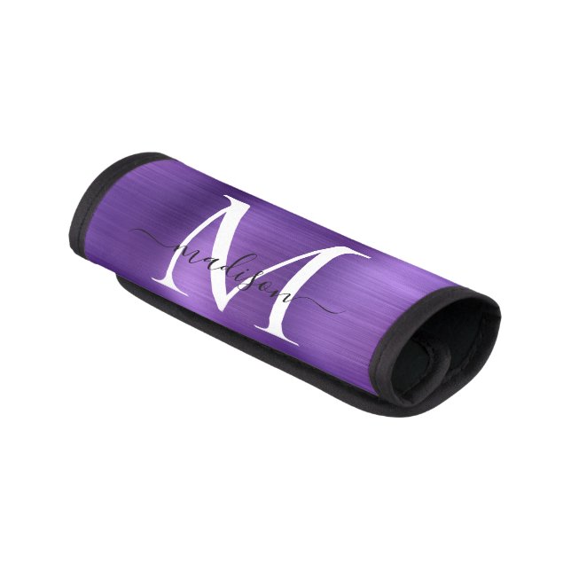 Dark Purple Brushed Metal Monogram Script Name Luggage Handle Wrap (Angled)