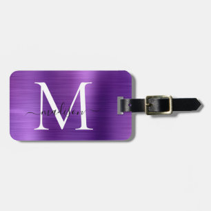 Dark Purple Brushed Metal Script Monogram Cute Luggage Tag