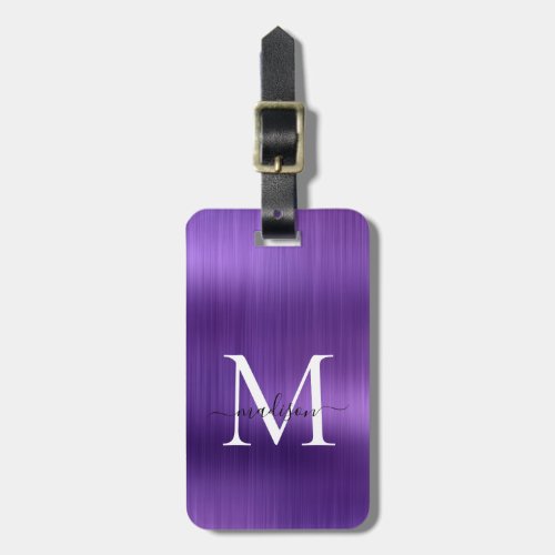 Dark Purple Brushed Metal Script Monogram Glam Luggage Tag