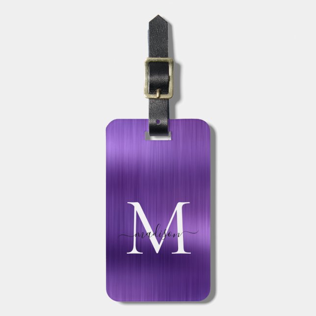 Dark Purple Brushed Metal Script Monogram Glam Luggage Tag (Front Vertical)