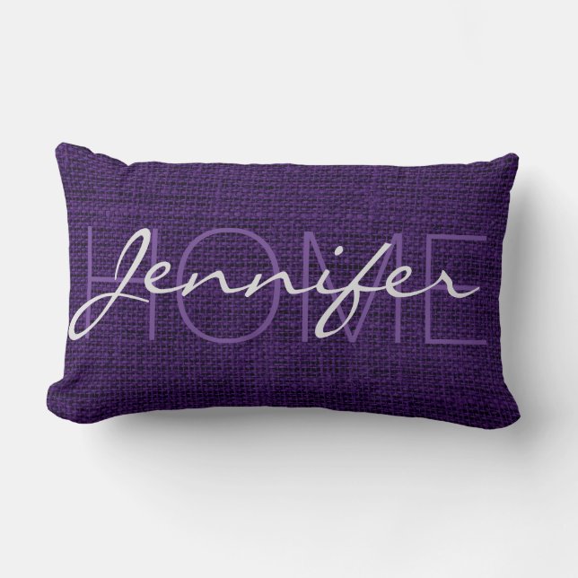 Dark Purple Burlap Rustic Monogram Lumbar Pillow (Front)