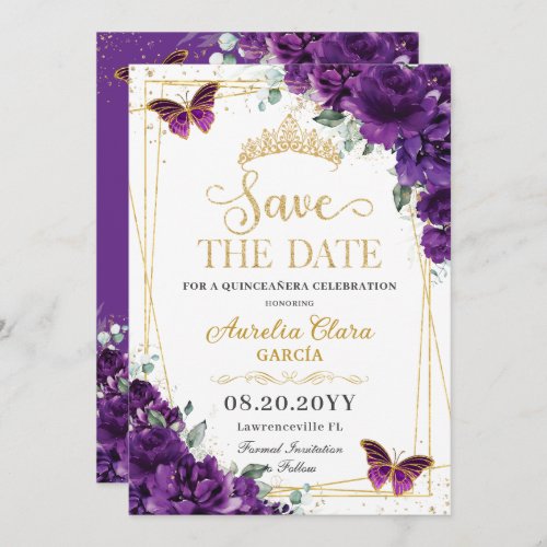 Dark Purple Butterflies Gold Quinceanera Sweet 16  Save The Date