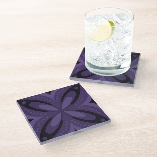 Dark Purple Colored Retro Pattern Glass Coaster (Angled)