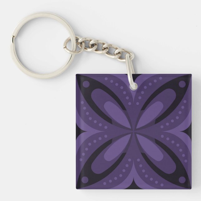 Dark Purple Colored Retro Pattern Keychain (Front)