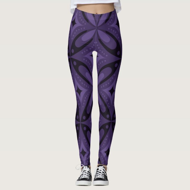Dark Purple Colored Retro Pattern Leggings (Front)