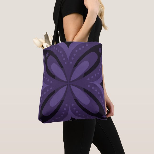 Dark Purple Colored Retro Pattern Tote Bag (Close Up)