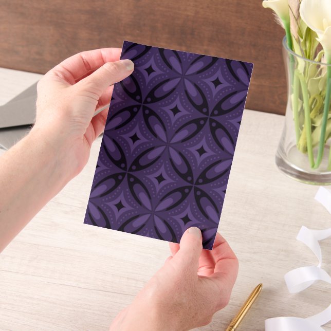 Dark Purple Colored Retro Pattern Vellum Invitations (Handheld)