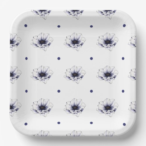 Dark purple daisy flowers polka dots botanical pap paper plates