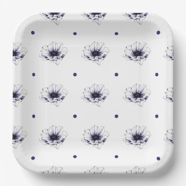 Dark purple daisy flowers polka dots botanical pap paper plates (Front)