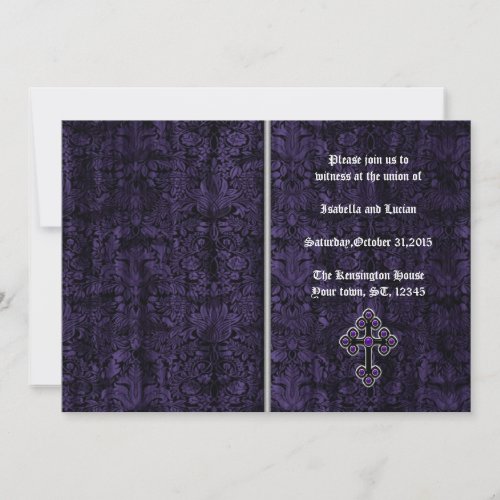 Dark Purple Damask Cross Gothic Wedding Invitation