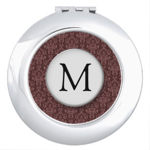 Dark Purple Damask Pattern Monogram Compact Mirror