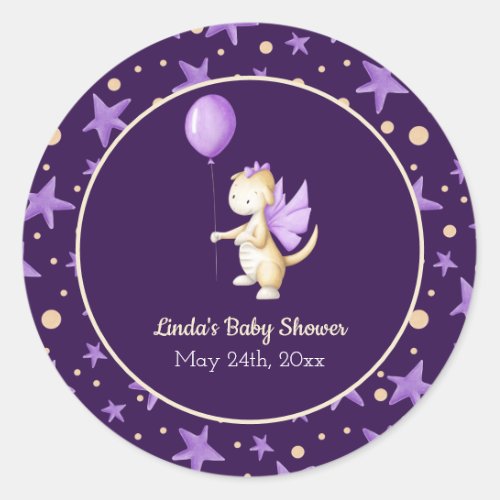 Dark Purple Dragon with Balloon Girl Baby Shower Classic Round Sticker