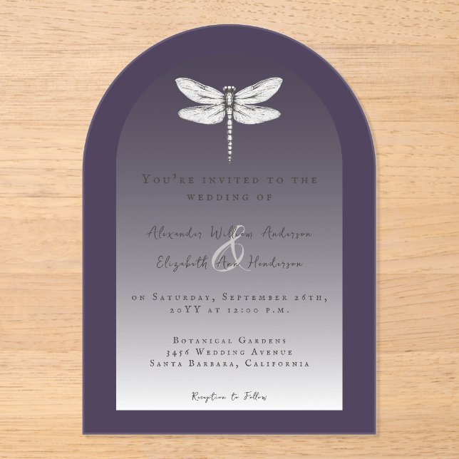 Dark Purple Dragonfly Wedding Acrylic Invitations (Front)