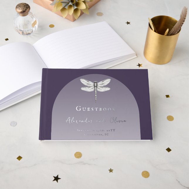 Dark Purple Dragonfly Wedding Foil Guest Book (Front Open)