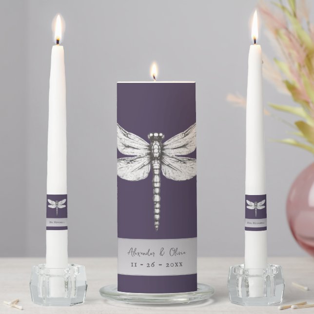 Dark Purple Dragonfly Wedding Unity Candle Set (In Situ)