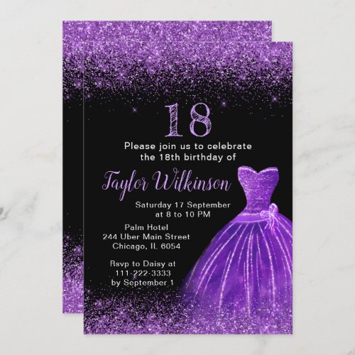 Dark Purple Dress Faux Glitter Birthday Party Invitation