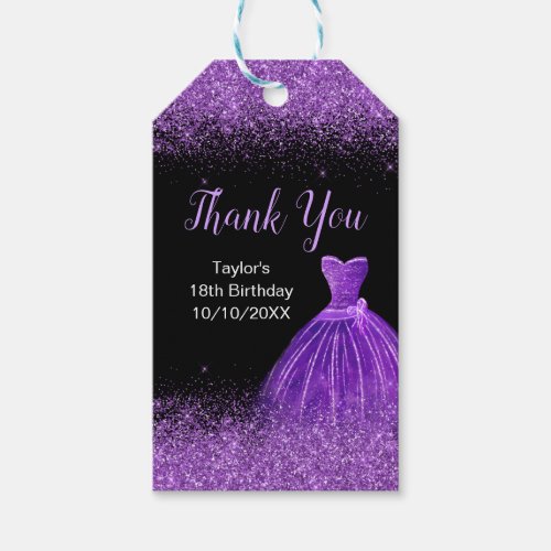 Dark Purple Dress Faux Glitter Birthday Thank You Gift Tags