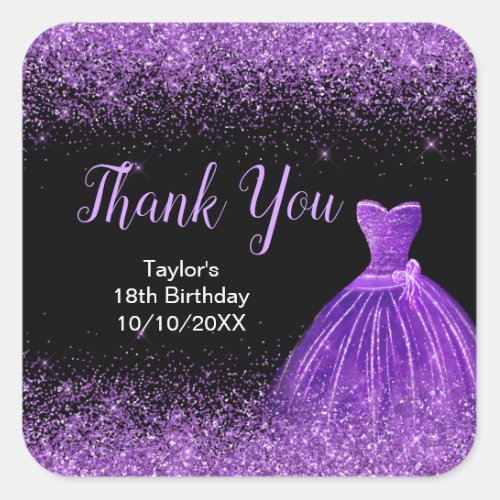 Dark Purple Dress Faux Glitter Birthday Thank You Square Sticker