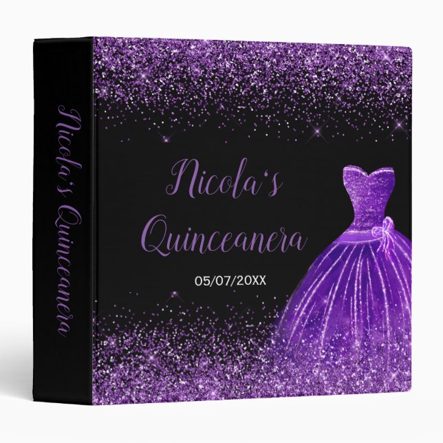 Dark Purple Dress Faux Glitter Quinceanera Album 3 Ring Binder (Front/Spine)