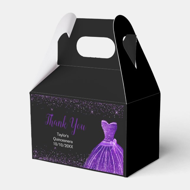 Dark Purple Dress Faux Glitter Quinceanera Favor Boxes (Back Side)