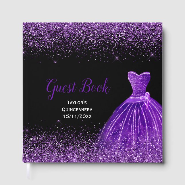 Dark Purple Dress Faux Glitter Quinceanera Guest Book (Front)